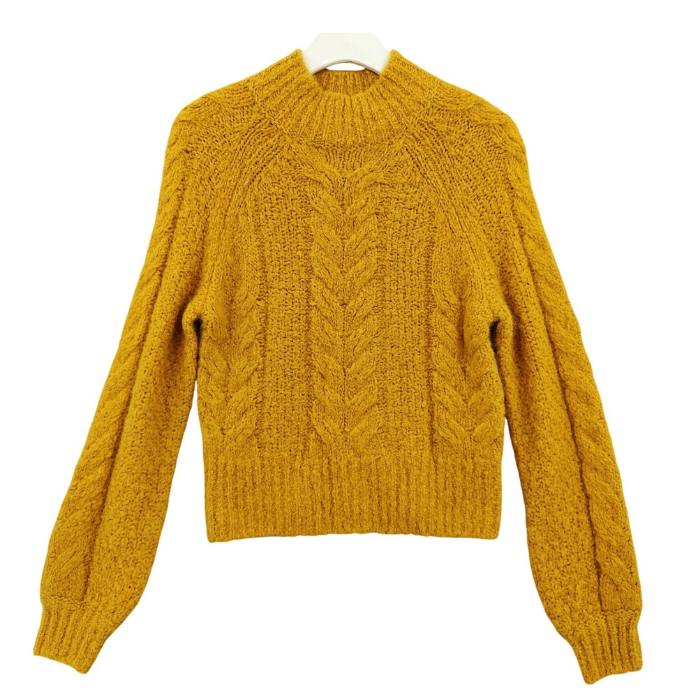 Sunday Best Womens Cottagecore Boho Wool Alpaca Sweater XS Mustard Yellow Cable